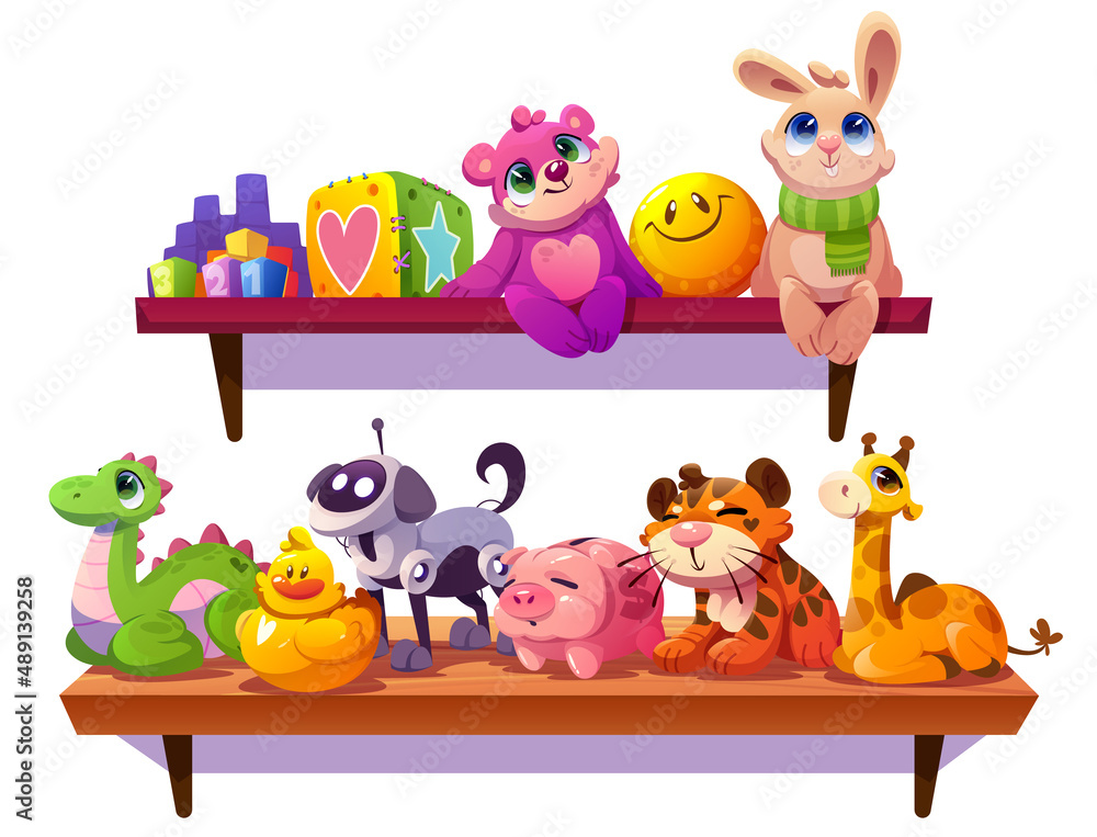 Kids toys on wooden shelf, funny plush tiger, bear, bunny, dinosaur and  giraffe, piggy bank, smiling