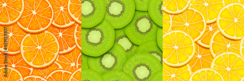 Fruit slice game seamless textures for game. Orange, kiwi and lemon cut pieces repeated patterns, 3d backgrounds with juicy healthy fruits, graphic ui or gui layers closeup view, Vector illustration