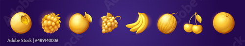 Gold game fruits isolated icons for casino slot machine. Gambling, lotteries, mobile puzzle ui elements. Bananas, cherry, blueberry, apple, watermelon, raspberry, grapes and orange bonus 3d vector set