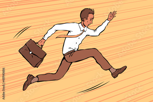 A young business man with a briefcase in hand is in a hurry. Runs at high speed. Vector cartoon illustration pop art drawn