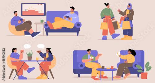 Happy people communication  friends meeting  hobby  diversity spare time. Young men and women playing video games at home  shopping together  chatting in cafe  playing board games  Line art vector set