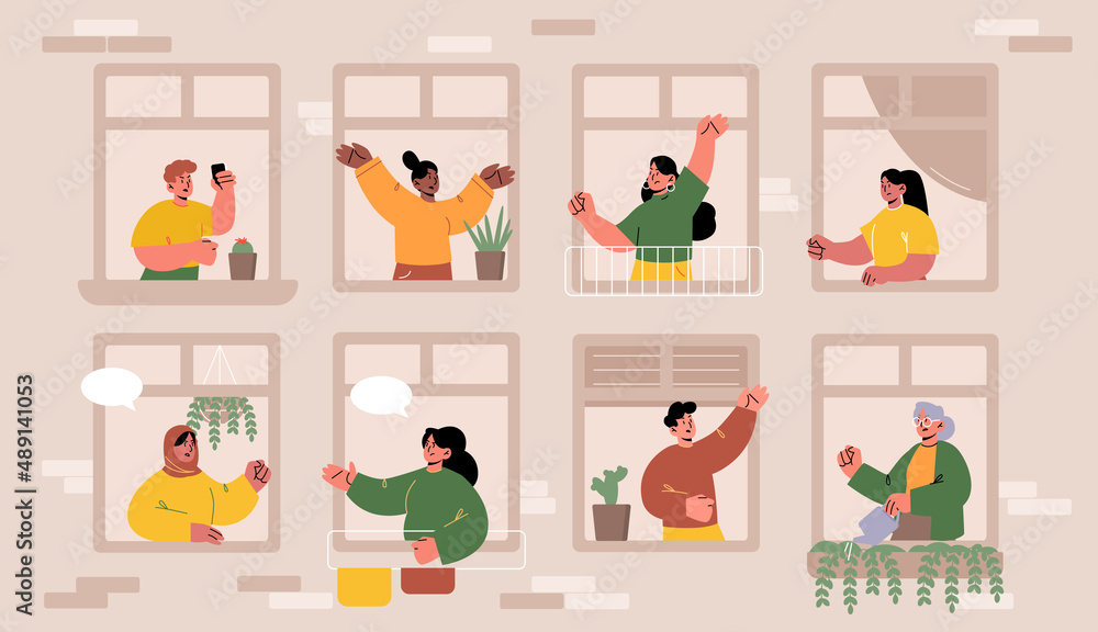People in windows, multiracial neighbors men and women in their apartments, characters spend time with gadgets, greeting each other, care of plants, dance and waving hands Line art vector illustration