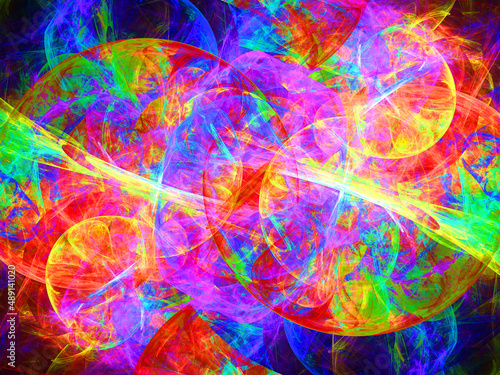 Composición de arte fractal digital consistente en nubes coloridas translúcidas mezcladas formando algo con aspecto de ser una colisión de esferas energéticas galácticas.