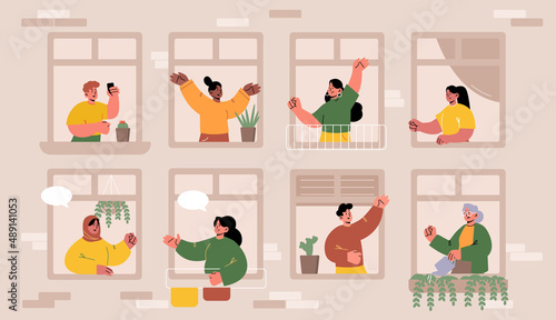 People in windows, multiracial neighbors men and women in their apartments, characters spend time with gadgets, greeting each other, care of plants, dance and waving hands Line art vector illustration