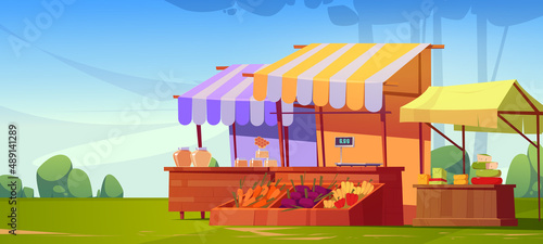 Outdoor farm market stalls, wooden fair booths or kiosks with striped awning and farmer food honey, dairy products and vegetables. Wood vendor counters for street trading, Cartoon vector illustration