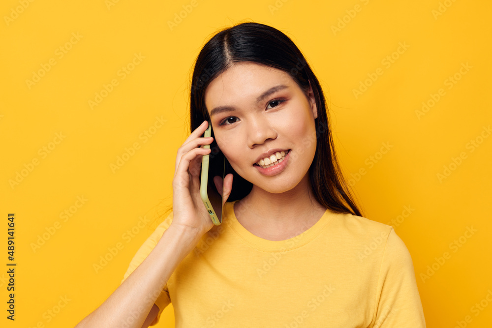 woman communicates on the phone emotions studio model unaltered woman communicates on the phone emotions studio model unaltered