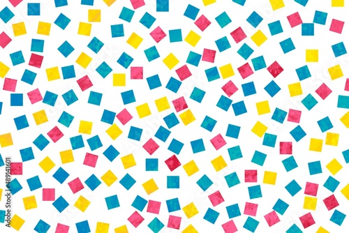 抽象イラスト）白背景にペイントされた黄色と水色とピンクの正方形 カラフル ポップ 紙吹雪