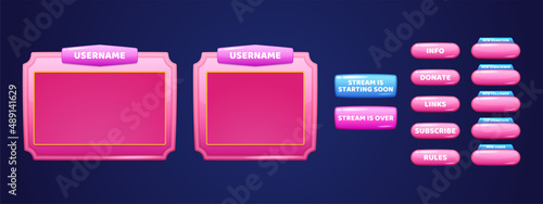 Live streaming background with online multimedia player windows and buttons. User interface of pink color. Social media channel, video blogging broadcasting live stream, Cartoon vector illustration