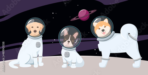 Funny dogs in spacesuits in space. Cartoon design. Vector illustration.
