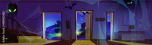 Scary house with ghosts, bats and spiderweb. Halloween illustration with abandoned haunted home at night. Vector cartoon spooky interior of dark hallway with black silhouettes of monsters