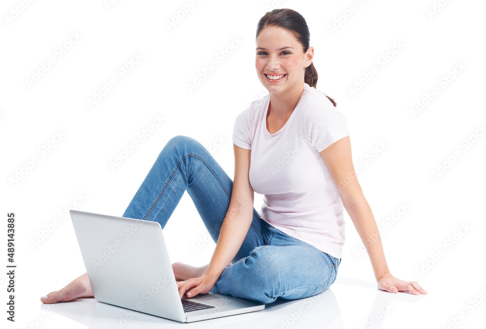 Sharing her thoughts with the world. Happy young woman sitting on the floor with her laptop. Sharing her thoughts with the world. Happy young woman sitting on the floor with her laptop.