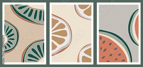 A set of three abstract backgrounds. Collage of fruits close-up. Bright vintage aged illustration with kiwi, orange, watermelon. Vegan posters for grocery advertising, social media, cover design, web.