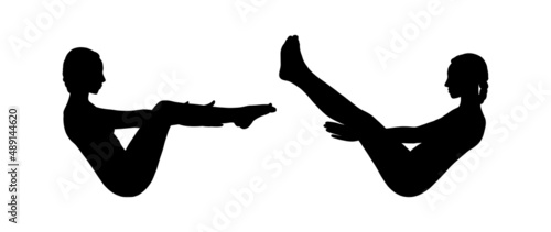 Boat pose variations for abs and balance. Woman silhouettes in Navasana strengthing abs muscles. Vector illustration isolated in white background