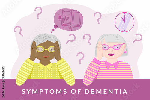 Medical poster about the signs of Alzheimer's dementia disease. A composition with a set of human characters of lovely old ladies. Grandmothers of different races with the same disease.