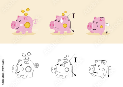 Inflation is eating a piggy bank. Inflation with sharp teeth devours frightened piggy bank, bites pieces of it and decreases value of money. Illustration which explains economic inflation.
