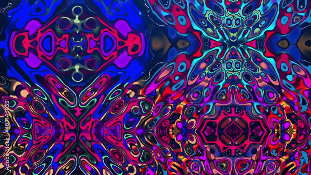Psychedelic Trippy trance abstract Computerized motion graphics of cyberpunk color shapes and patterns. VJ loops, fractal animation, kaleidoscope. Geometric colorful background and visuals. HD