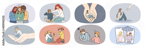Collection of unhappy stressed people feel depressed get help from friend or relative. Set of upset person suffer from depression receive support and care. Feeling supportive. Vector illustration. 
