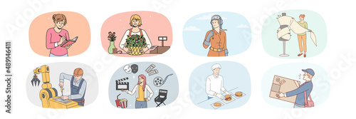 Bundle of man and woman occupations. Set of people works and jobs. Professional daily routine. Pilot and designer. Engineer, actor and deliveryman. Chef and florist. Vector illustration. 