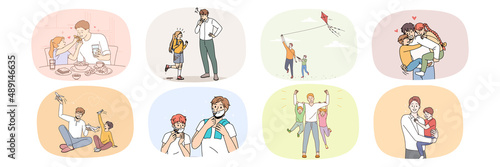 Collection of loving father and small child play together at home and outdoors. Set of happy caring dad have fun spend weekend time with little kid. Fatherhood concept. Flat vector illustration. 