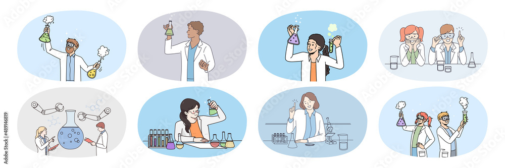 Set of diverse scientists with test tubes do experiments in laboratory. Collection of researchers develop vaccine in lab. Biotechnology and pharmacy concept. Science. Vector illustration. 
