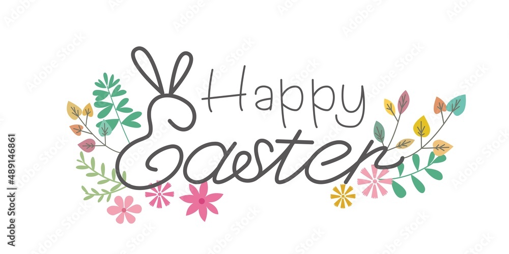 Easter lettering decoration with floral elements. Happy easter Calligraphy for event, banner and graphic design. Vector illustration.
