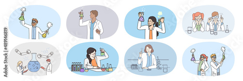 Set of diverse scientists with test tubes do experiments in laboratory. Collection of researchers develop vaccine in lab. Biotechnology and pharmacy concept. Science. Vector illustration. 