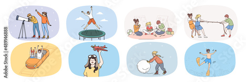 Set of happy kids have fun playing together on leisure weekend. Collection of smiling small children relax rest with friends on vacation or holiday involved in games. Flat vector illustration. 
