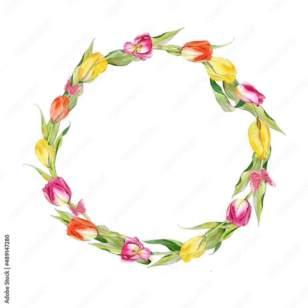 Wreath. Amazing red, yellow and pink tulip flowers with green leaves. Happy birthday, Happy Easter. For wedding invitations, greeting card, voucher, brochures and banners Wreath. Amazing red, yellow and pink tulip flowers with green leaves. Happy birthday, Happy Easter. For wedding invitations, greeting card, voucher, brochures and banners