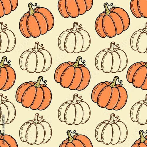 Seamless pattern with hand-drawn cute pumpkin in cartoon style. Flat pastel background of pumpkins and squash.
