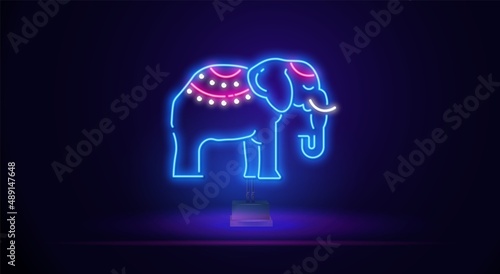 Vector neon glowing linear illustration of the Indian elephant symbol. Neon colors. Illustration for your advertising, circus, travel