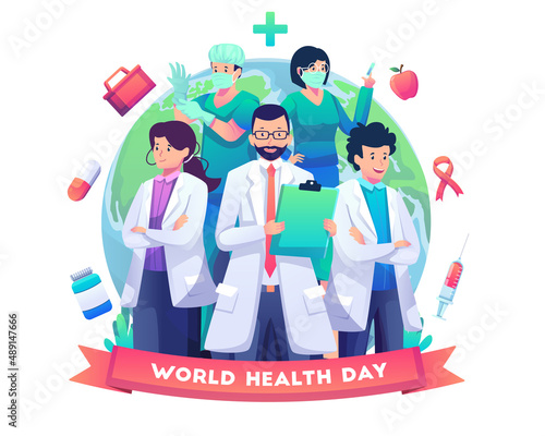 A medical staff group of doctors and nurses standing in front of the globe earth celebrating world health day. Flat style vector illustration