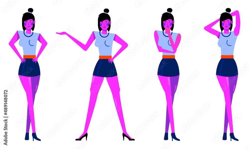 Set illustration of a woman model posing flat vector illustration. Girl with short skirt. Female model standing in pose concept for fashion template, banner, flyer, poster, business, or pamphlet. Set illustration of a woman model posing flat vector illustration. Girl with short skirt. Female model standing in pose concept for fashion template, banner, flyer, poster, business, or pamphlet.