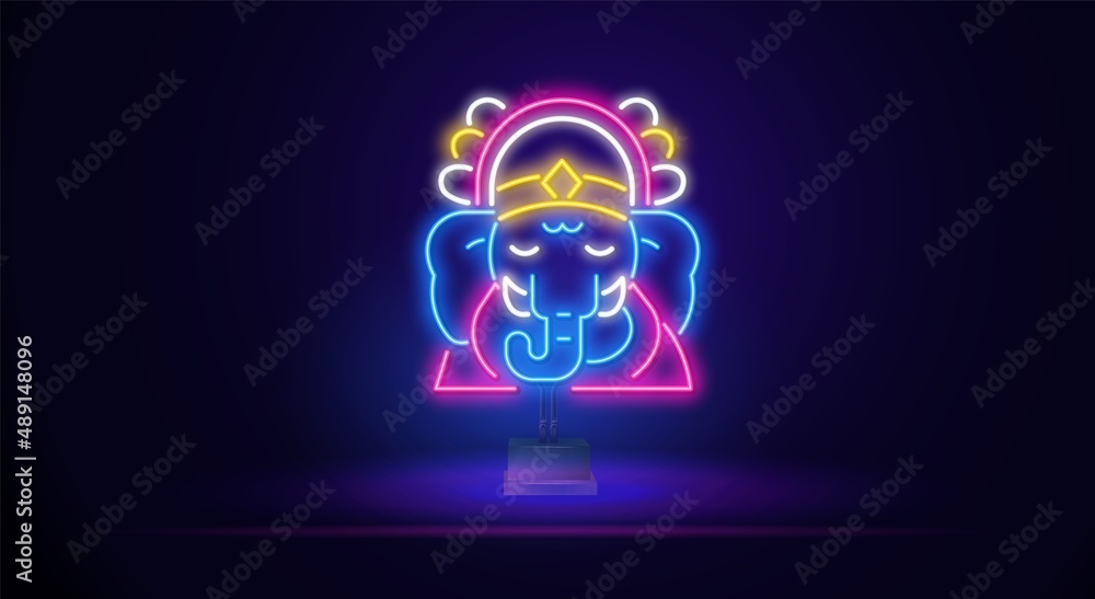 Neon Vector linear illustration of the symbol of the religion of the Indian god of elephant games. Neon ganesha on a stand and dark background Neon Vector linear illustration of the symbol of the religion of the Indian god of elephant games. Neon ganesha on a stand and dark background