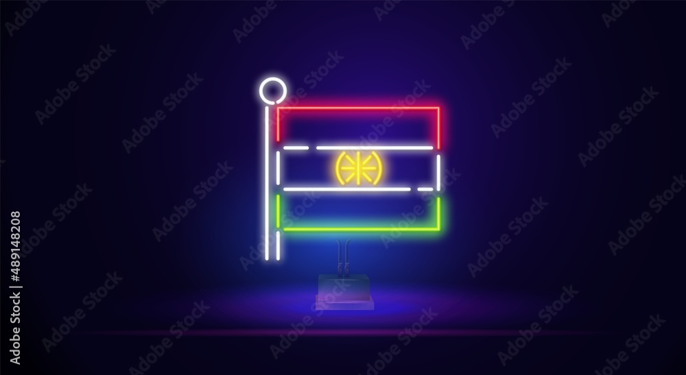 Neon sign in the form of the Indian flag. Against a brick wall with a shadow. For registration on tourist or Patriotic themes. White, orange, blue and green colors.