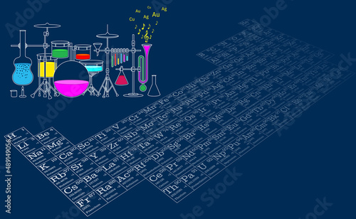 Periodic system and chemical laboratory. Vector illustration of an abstract chemical laboratory against the background of a periodic system. Background for the presentation.