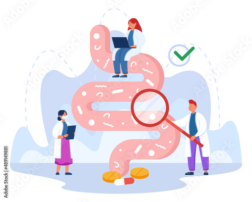 Tiny doctors examining gut flora flat vector illustration. Therapists checking digestive system, gastrointestinal tract, bowel, friendly microorganisms or bacteria. Nutrition, health concept photo