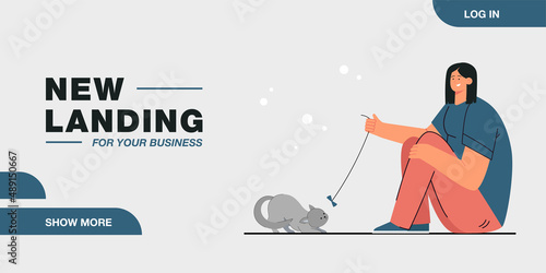 Happy cartoon woman playing with cat using bow on string. Female character with cute kitten flat vector illustration. Pets, domestic animals concept for banner, website design or landing web page