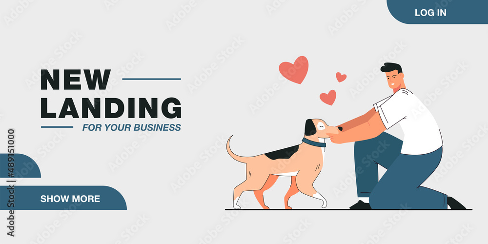 Happy dog owner cartoon character petting puppy. Man and cute doggy flat vector illustration. Pets, domestic animals, love, care, friendship concept for banner, website design or landing web page Happy dog owner cartoon character petting puppy. Man and cute doggy flat vector illustration. Pets, domestic animals, love, care, friendship concept for banner, website design or landing web page