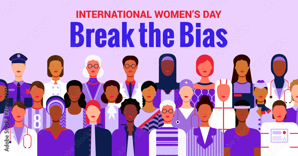 International Women’s Day. Break the bias concept. Women’s equality day. Illustration of women of diverse age, races and occupation. Vector horizontal banner. International Women’s Day. Break the bias concept. Women’s equality day. Illustration of women of diverse age, races and occupation. Vector horizontal banner.