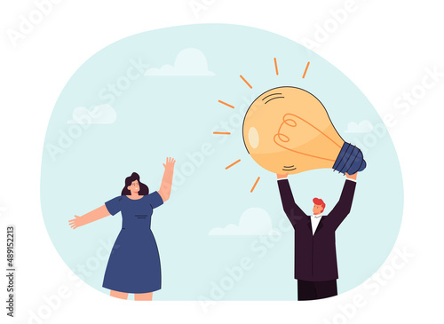 Businessman with creative idea holding bright light bulb. Tiny man and woman with business plan flat vector illustration. Eureka, success startup concept for banner, website design or landing web page