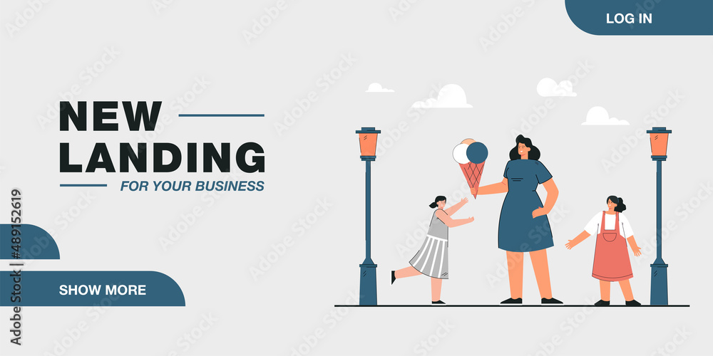 Cartoon mother holding huge ice cream for daughters in park. Woman and girls having fun together flat vector illustration. Family, food, recreation, holiday concept for banner or landing web page Cartoon mother holding huge ice cream for daughters in park. Woman and girls having fun together flat vector illustration. Family, food, recreation, holiday concept for banner or landing web page