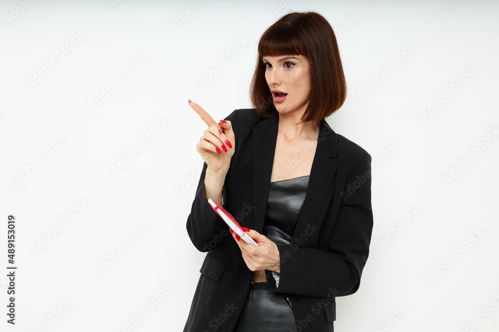 attractive woman red notepad and pencil posing light background attractive woman red notepad and pencil posing light background