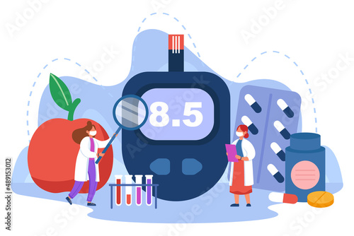 Tiny doctors with glucometer flat vector illustration. Female therapists analyzing result of patients blood glucose sugar test, making diagnosis for diabetic. Hypoglycemia, medicine concept