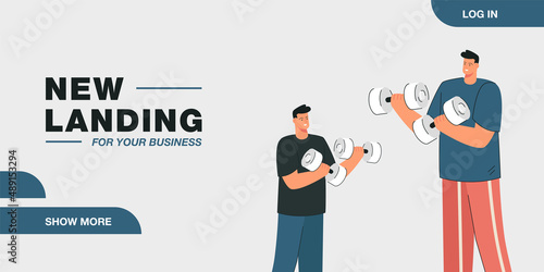 Father and son are exercising with dumbbells together. Man helping his child to work out flat vector illustration. Sport, lifestyle, parenting concept for banner, website design or landing web page