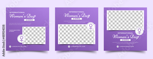 International women's day social media post template . Editable square banner with place for the photo. Usable for social media post, card, banner, and web