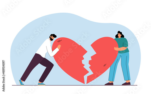 Couple holding two parts of broken heart. Tiny man and woman with marriage problem flat vector illustration. Crisis of relationship, breakup concept for banner, website design or landing web page