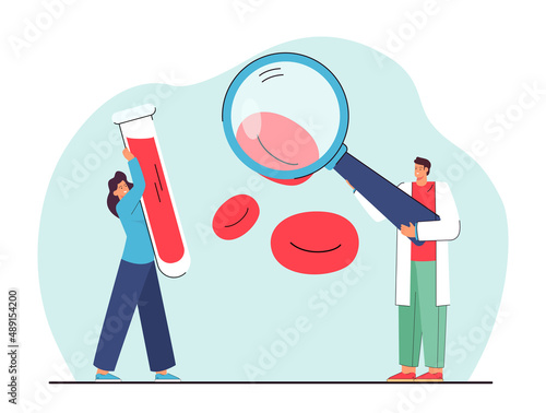 Research of red blood cells by tiny doctors. Man holding magnifying glass to study erythrocytes flat vector illustration. Hematology, diagnostics concept for banner, website design or landing web page photo