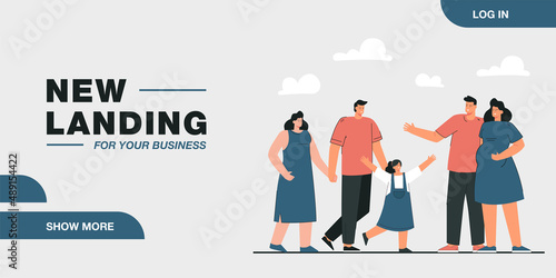 Friendship of families flat vector illustration. Couple expecting baby and parents with daughter meeting outdoors, spending time together. Friendship, family, nature concept for banner design