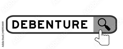 Search banner in word debenture with hand over magnifier icon on white background