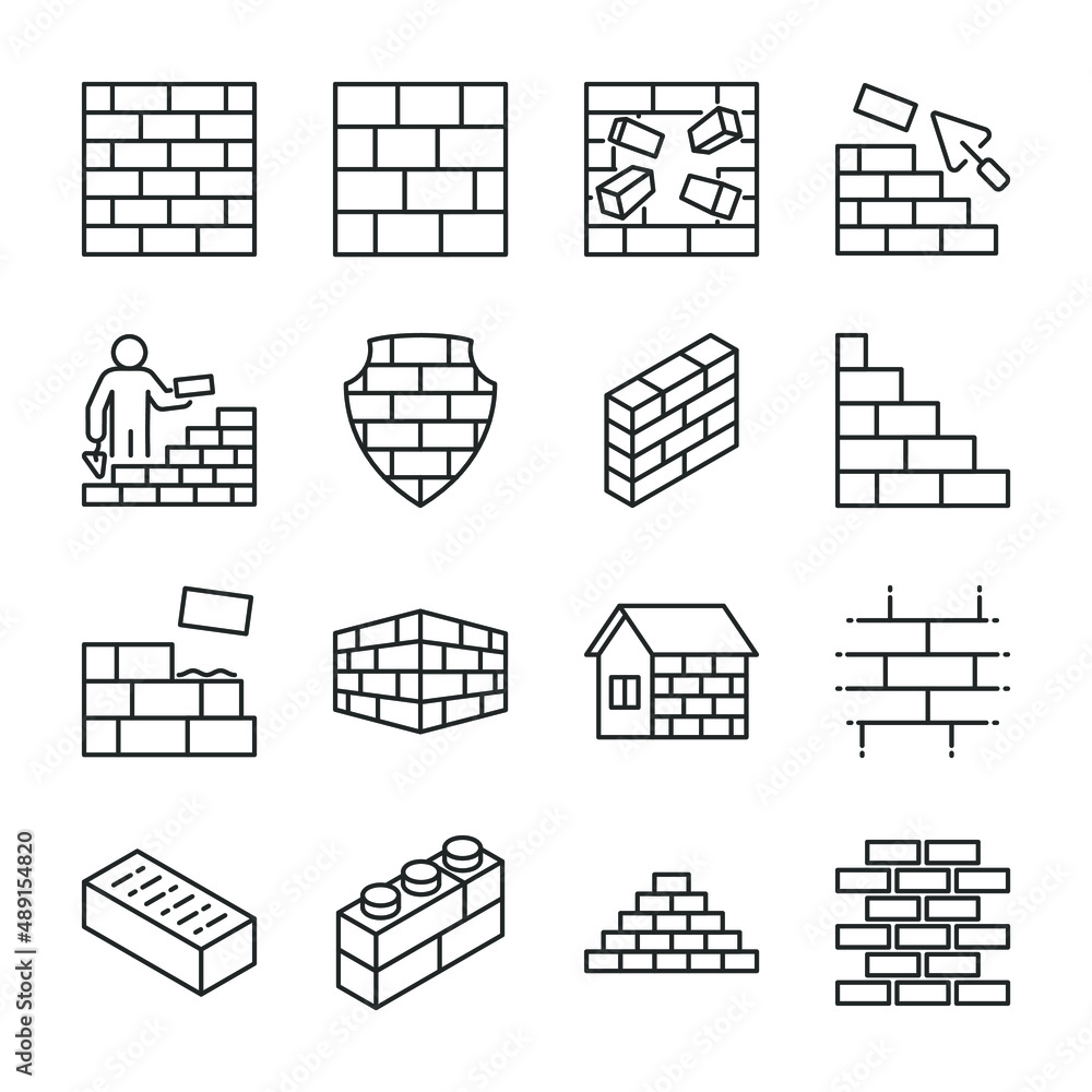 Brick wall icons set. Line with editable stroke - obrazy, fototapety, plakaty 